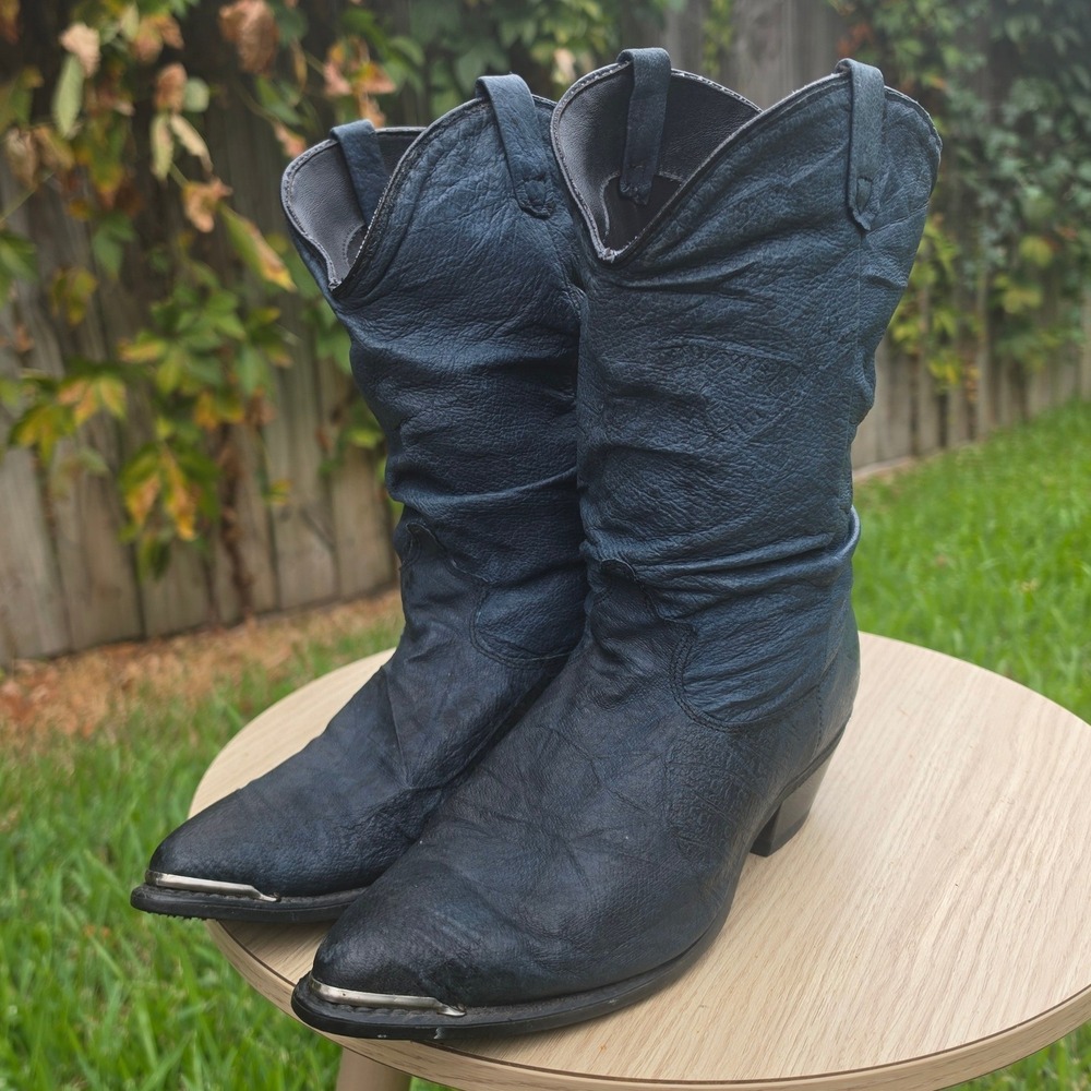 Vintage Dingo Blue Leather Slouch Western Cowboy Boots Metal Toe Tip Womens 8.5